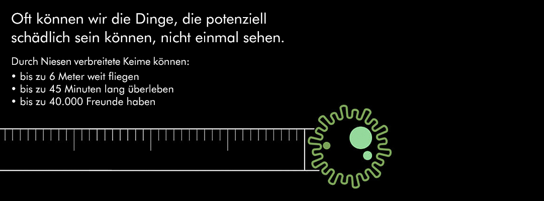 Oft k&ouml;nnen wir die Dinge, die potenziell sch&auml;dlich sein k&ouml;nnen, nicht einmal sehen. Durch Niesen verbreitete Keime k&ouml;nnen: ﻿﻿bis zu 6 Meter weit fliegen ﻿﻿bis zu 45 Minuten lang &uuml;berleben ﻿﻿bis zu 40.000 Freunde haben